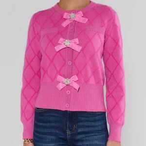 3175 NWT Avara Emily Pink Bow Cardigan Sweater Rhinestone Bow Button Front Med